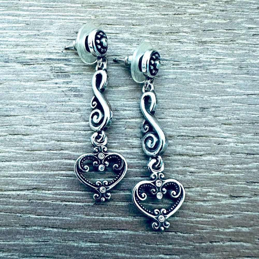 Brighton Silver Scroll Crystal Heart Drop Earrings